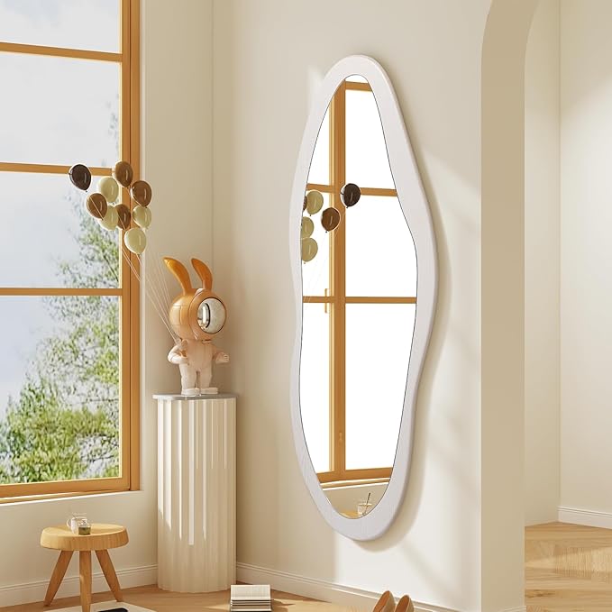 AAZZKANG Irregular Full Length Mirror Wooden Asymmetrical Wall Mirrors Modern Large for Bedroom Dressing Room Living Room Entryway White 47"x20"