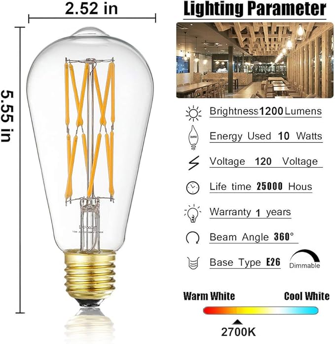 Leools Vintage 10W LED Edison Bulb Dimmable, 100W Equivalent Antique Style Filament Light Bulbs, Clear Glass, Warm White 2700K, 1200LM, E26 Base, Decorative, 360 Degrees Beam Angle, Pack of 4.