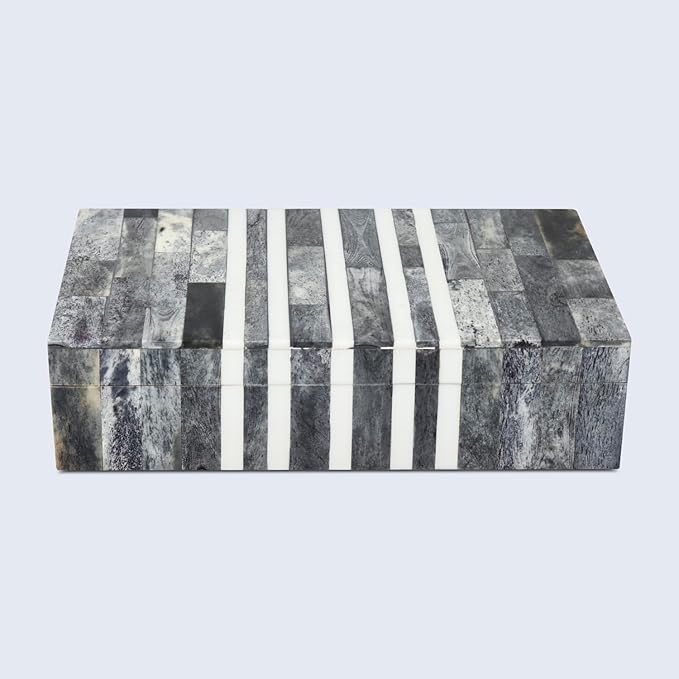 Handicrafts Home Small Decorative Storage Box with Lid, Patisserie Cafe Stripe Pattern Jewelry Keepsake Trinket Box Organizer, Bone Inlay Resin Wooden Coffee Table Dresser Box, Grey & White, 8x5x2
