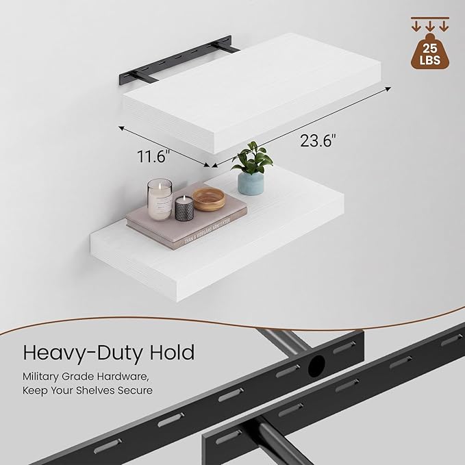 Heimlove 12" Deep White Floating Shelves for Wall, 24 Inch Shelf Bathroom Shelves Set of 2, Mounted Shelves for Books Living Room Laundry Room Bedroom Kitchen Home Office