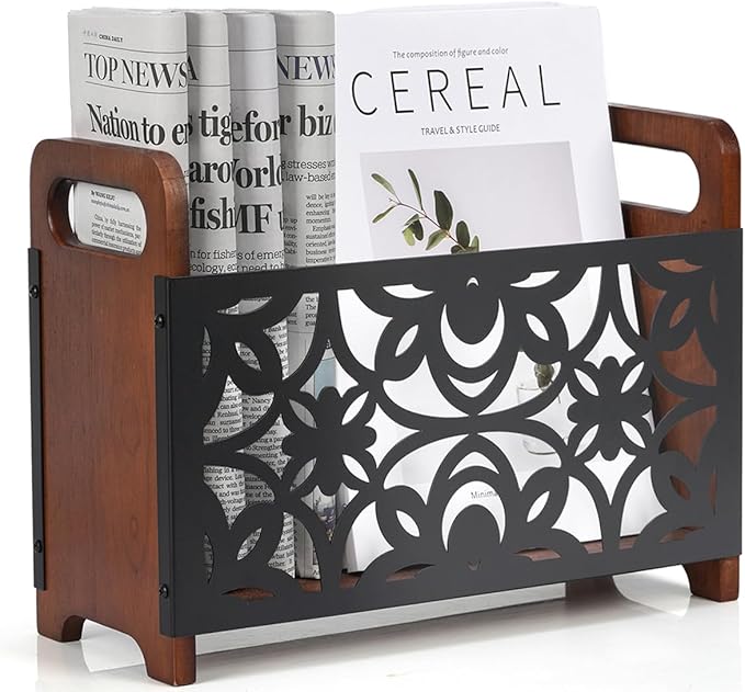 QILICHZ Magazine Holder,Wood Magazine Rack Floor,Rustic Magazine File Holder Organizer,Decorative Magazines Storage Basket for Books,Newspapers,Mails,Files