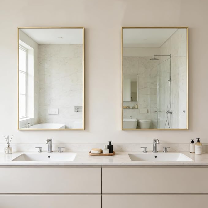 Bathroom Mirror for Wall, 20x30 Inch Metal Framed Mirror, Brushed Gold Rectangle Mirror, Bathroom Vanity Mirror Farmhouse, Tempered Glass, Anti-Rust, Hangs Horizontally or Vertically