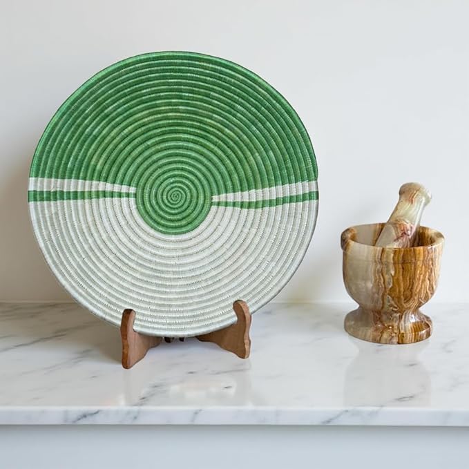 Handwoven African Sisal Basket Bowl Handmade Woven Fruit Bowl, Decorative Wall Basket for Home Décor, Living Room Centerpiece Gifts Zen Design Arts and Crafts (Green Off White, 8in diameter)