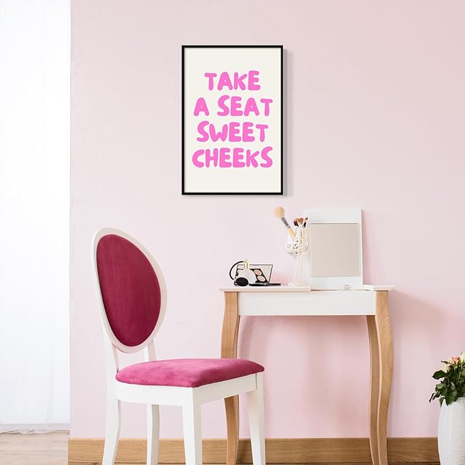 Pink Take A Seat Sweet Cheeks Canvas Wall Art, Cute Quotes Aesthetic Poster for Room, Funny Bathroom Wall Decor, Trendy Girly Light Pink Restroom Picture Print 16x24in Framed