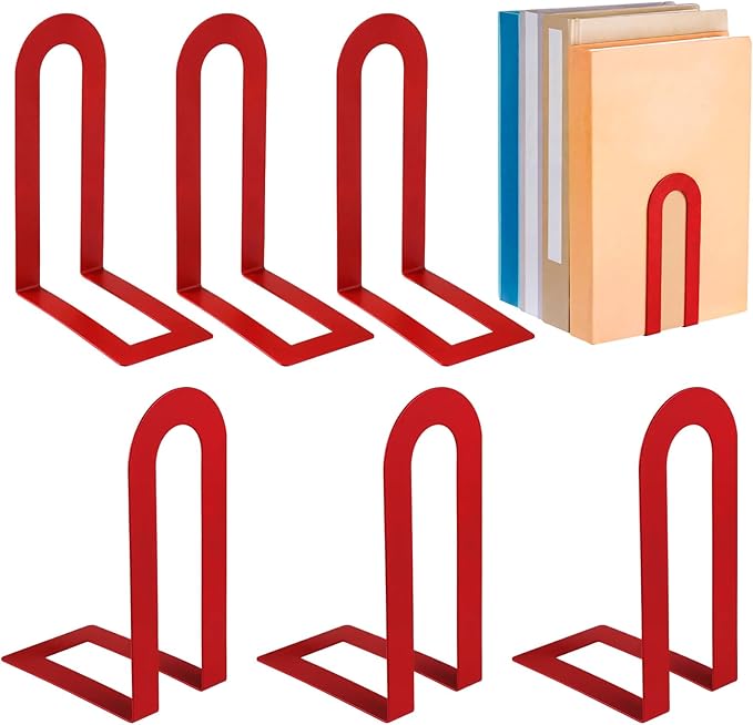 Chunful 6 Pcs Modern Metal Book Ends for Shelves Decorative Small Bookends Book Shelf Organizer Minimalist Design Stopper to Hold Books for Home Office (Red,5.5 * 3.75 * 2.25inch)