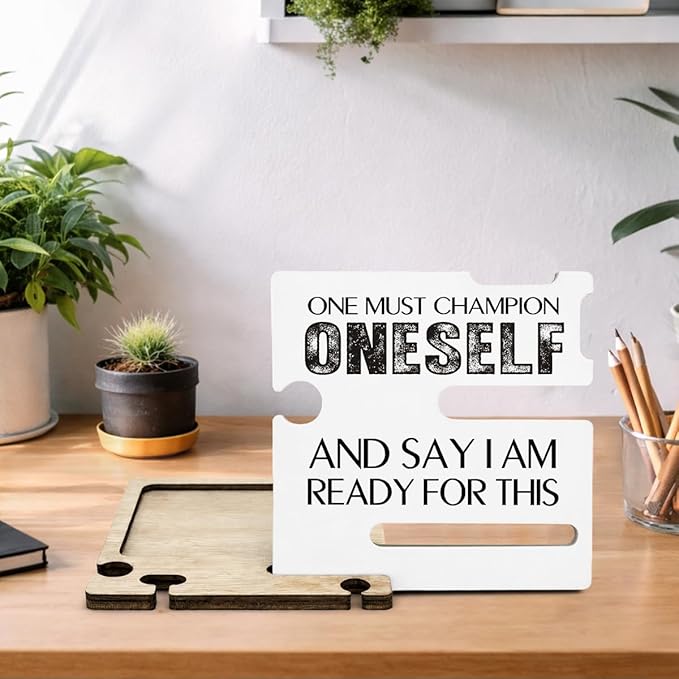 Inspirational Office Gift - Multi-functional Desk Organizer - Motivational Positive Office Quote Wooden Decor Sign for Coworker Desk Shelf Table