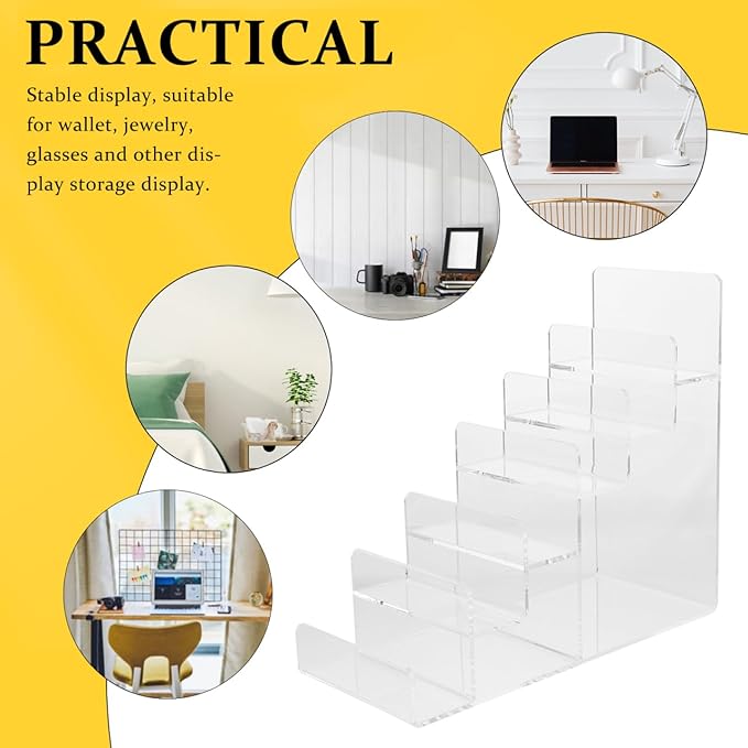 DOITOOL 6-Tier Wallet Display Stand Acrylic Shelf Riser Purse Greeting Card Display Stand Clear Jewelry Riser Perfume Sunglasses Handbag Organizer Rack