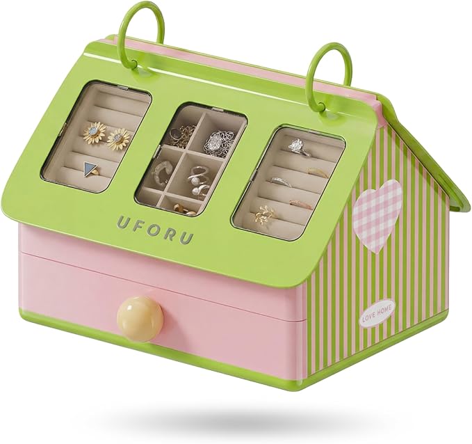 Cute Jewelry Box Organizer for Women Girls, Large House-Shaped Display Case with Clear Lid, 3-Layer Velvet Storage for Earrings Rings Necklaces, Aesthetic Room Decor Gift (Mint Sorbet)