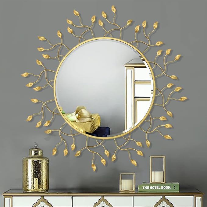 Chende 32" x 32" Large Mirror for Living Room Decor, Round Wall Mirror with Metal Leaves, Beveled Decorative Mirror for Entryway, Dining Room, Bedroom