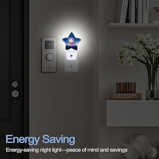 Full Moon Nightlight,Starry Sky Forest Star Night Lights Plug into Wall Decorations for Bedroom Bathroom,Dusk to Dawn Sensor Kitchen Hallway Stairs Energy Efficient Desk Lamp