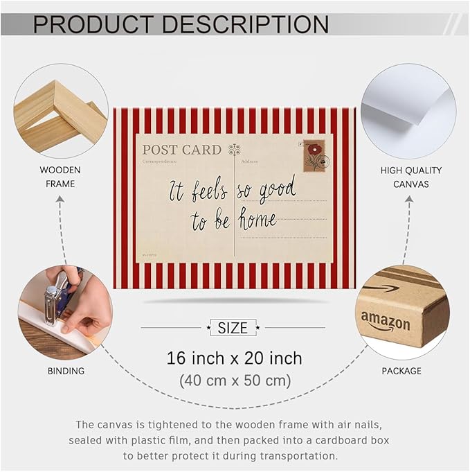 Red Vintage Postcard Poster It Feels So Good To Be Home Quote Wall Art Mid Century Modern Striped Canvas Prints for Living Room Bedroom Wall Decor 16X20 inch Wood Framed