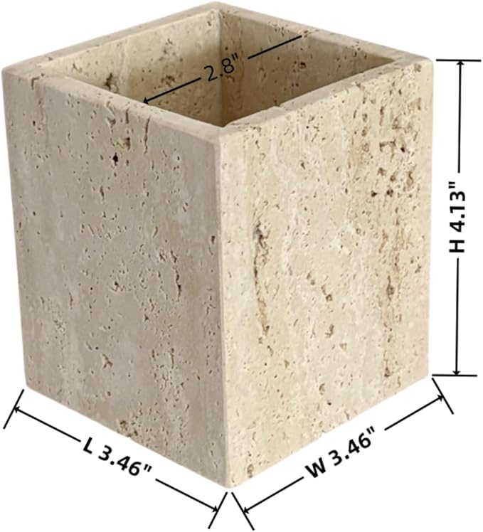 Natural Marble Stone Square Storage Container Empty Vessel Holder Cup for Candle/Pens/Sundries items (Beige Travertine)