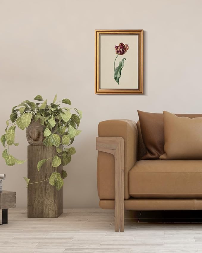 Bzstyleart Vintage Wall Art Decor for Living Room, Gold Framed Flower Wall Art Office, Canvas Vintage Artwork, Canvas Painting Picture Print Bedroom for Mom, 12 x 16 Inch Red Tulip