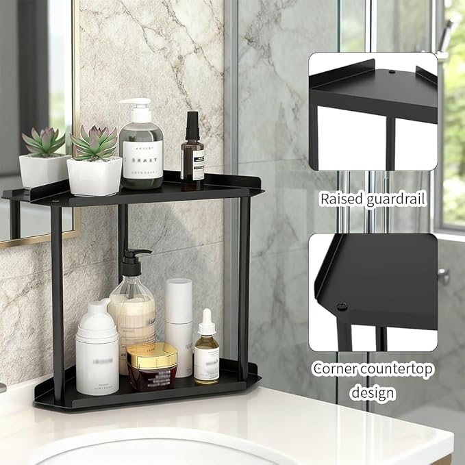Black 2 Tier Corner Bathroom Organizer Countertop Storage Shelf for Vanity and Makeup