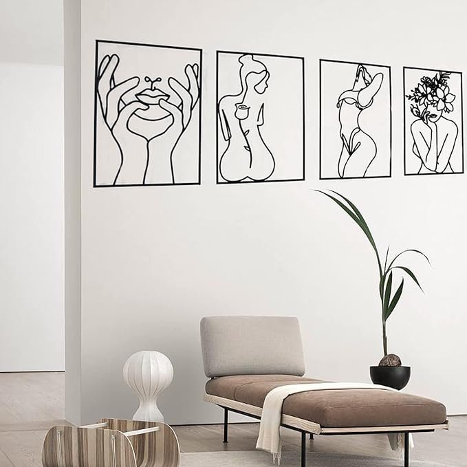 Glamativity 4 Pack Black Wall Art Décor, Minimalist Décor Single Line Art Wall Décor, Real Metal Wall Art, Woman's Body Shape Abstract Wall Art, for Kitchen Bedroom Living Room