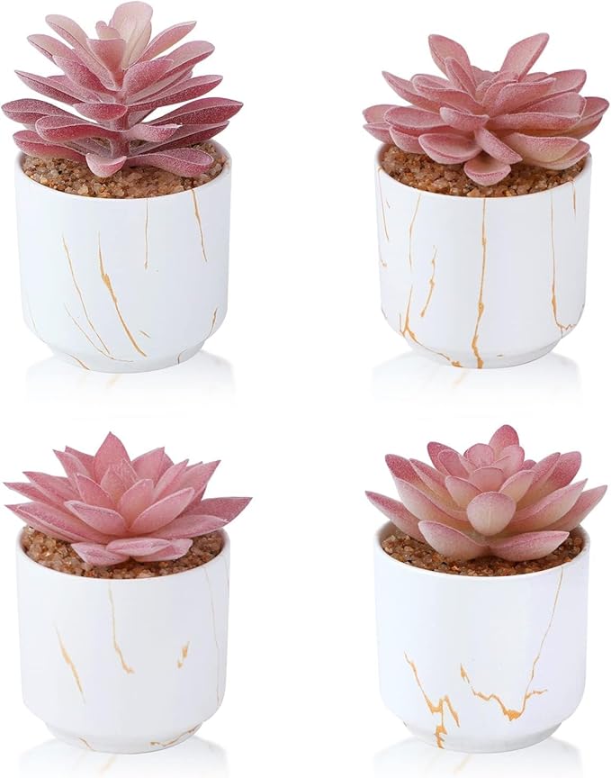 ZENIDA Succulent Artificial Plants,Cute Fake Succulents in 4 White Ceramic Pots,Small Fake Plants for Office,Table,Desk,Bathroom, Bedroom,Aesthetic Room Shelves Decor,Desk Decorations for Women Office