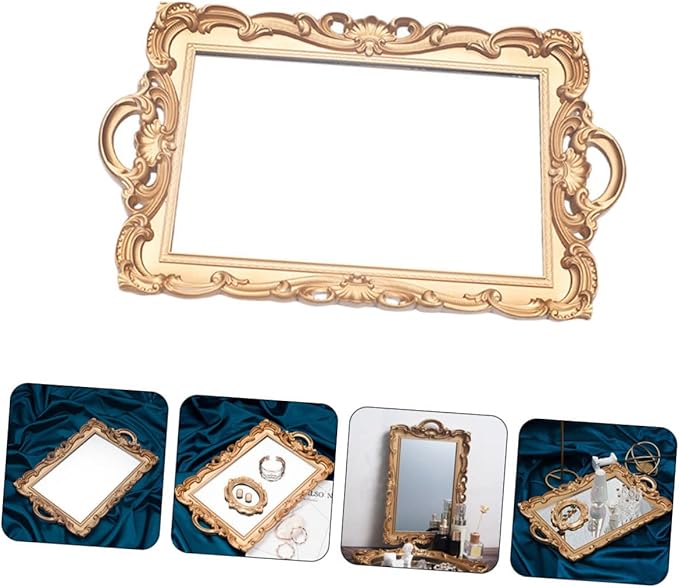 TEHAUX Golden Retro Mirror Makeup Tray Elegant Vanity Organizer for Home Storage and Photo Props Polished Smooth European Style Decorative Tray for Perfume Jewelry Cosmetics Display