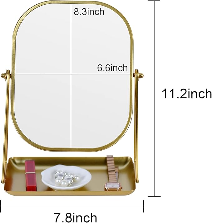 Tstarer 360 Degrees Rotating Metal Makeup Mirror with Storage, Vanity Mirror for Desk, Bathroom, Bedroom, Dressing Table (Gold)