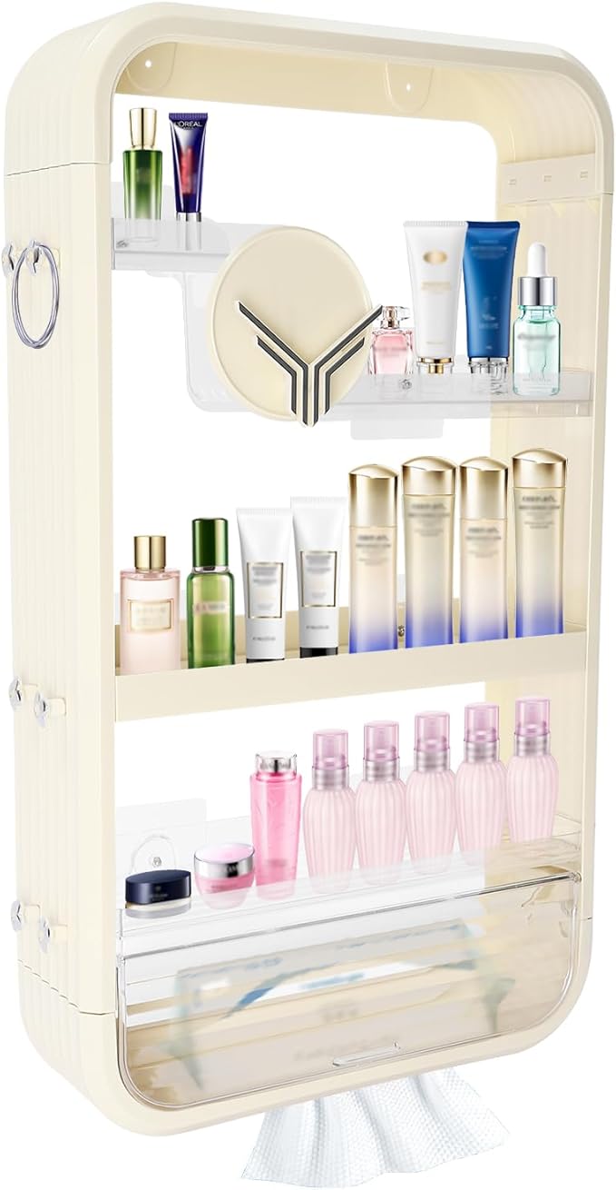 4 Tier Makeup Organizer Bathroom Storage Organizer Wall Mounted for Vanity Perfume Organizers Hangable Cosmetic Organizer Display Cabinet Skincare Storage Rack,Beige and Transparent