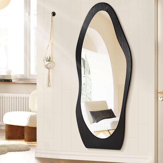 Full Length Mirror Black Irregular Wavy Mirrors 59" x 24" Asymmetrical Wall-Mounted Full Body Standing Mirror Wood Frame Mirrors for Cloakroom Bedroom Living Room