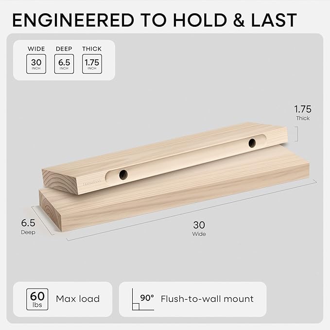 Homeforia 30 inch Wood Floating Shelves, High End Solid Natural Wood 30inch Floating Shelf for Wall, Unfinished Wooden 30 inches Floating Shelves, Heavy Duty Bracket, 30 X 6.5 X 1.75 in, Set of 4