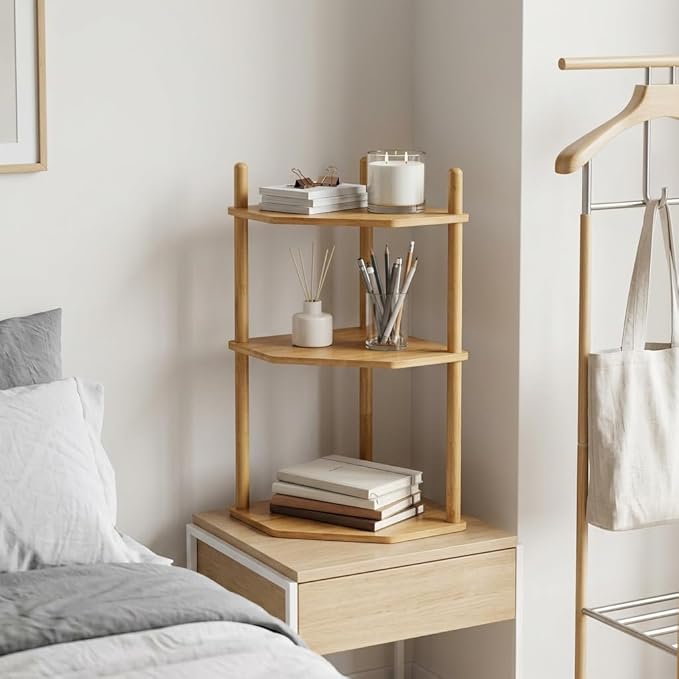 Expandable Bamboo Corner Shelf - Dish/Plate Organizer for Cabinet, Kitchen Counter Shelf & Small Kitchen Shelf, Adjustable (1, 3Tier-11.4" H)
