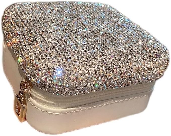 Bling Rhinestone Jewelry Box Case Makeup Organizer Dresser Display Cabinet Travel Portable Leather Partition Storage Box Gift for Sister's mom teacher