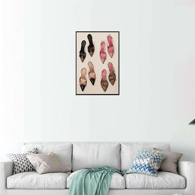Pink Heel Leopard Posters Trendy Bow Leopard Heels Canvas Wall Art Coquettish Preppy Girly Decor Pink Sexy Aesthetic Prints Painting For Dormitory Bedroom Apartment 16x24in Framed