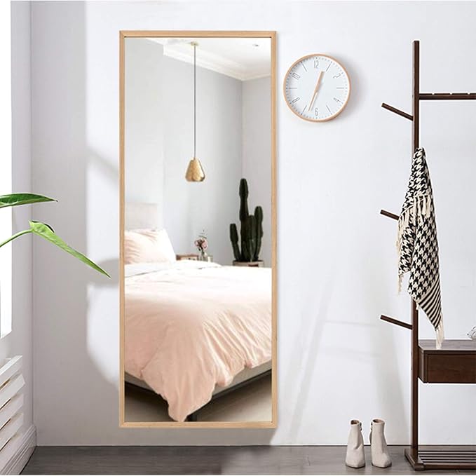 NeuType Floor Full Length Mirror Free Standing Full Body Dressing Mirrors with Stand Hanging Wall Mounted Large Rectangle Wood Frame Leaning Bedroom Living Room Décor 65 x 22 in (Solid Wood Color)