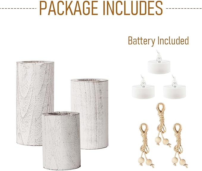 MelonBoat White Pillar Candle Holder:Farmhouse Candle Holders with Battery Operated Candles, Farmhouse Decor with Flameless LED Candles, Wood Centerpieces for Table 3-Pack for Holiday Party Home Decor
