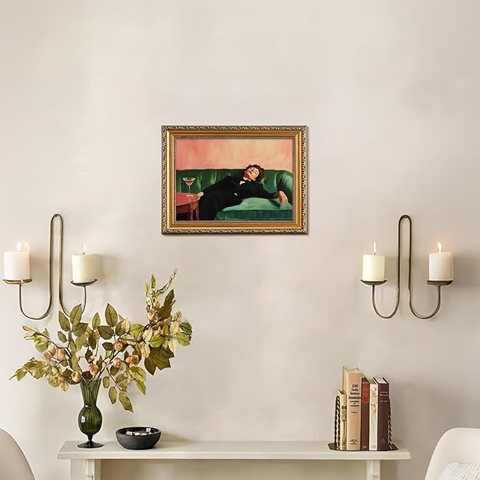 KBKBART Vintage Gold Framed Wall Art, Moody Wall Decor, Funky Victorian Woman on Couch with Martini Picture Canvas Paintings Artist for Bedroom Living Room Home Office Bathroom Decor 9x12Inch