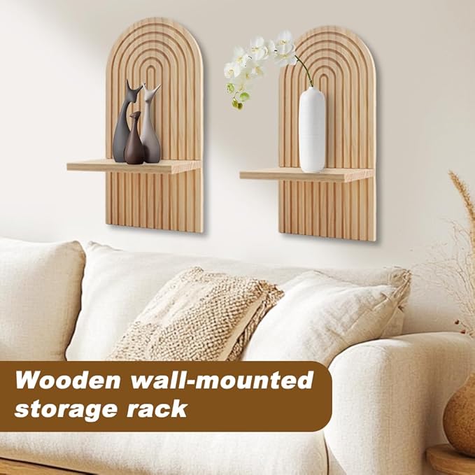 Boho Shelf Wall Decor Set of 2, Modern Arched Wooden Hanging Shelves Rainbow Wall Candle Holder Wood Bohemian Floating Shelves for Bathroom Nursery Bedroom(Color:Wood)
