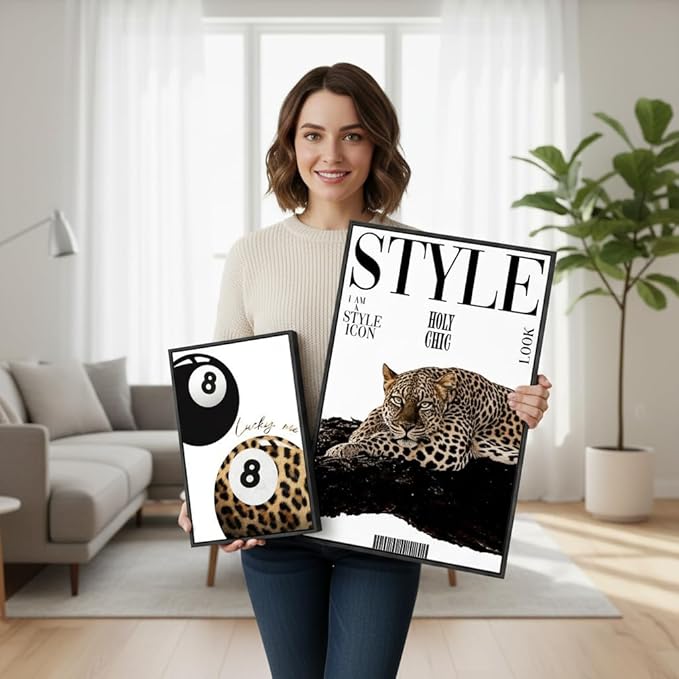 3Pcs Black Framed Trendy Leopard Wall Art Preppy Aesthetic Stylish Leopard Painting Picture Wall Decor Funky Lucky 8 Ball Cheetah Poster Print Artwork for Bedroom Living Room Bathroom Home Decoration