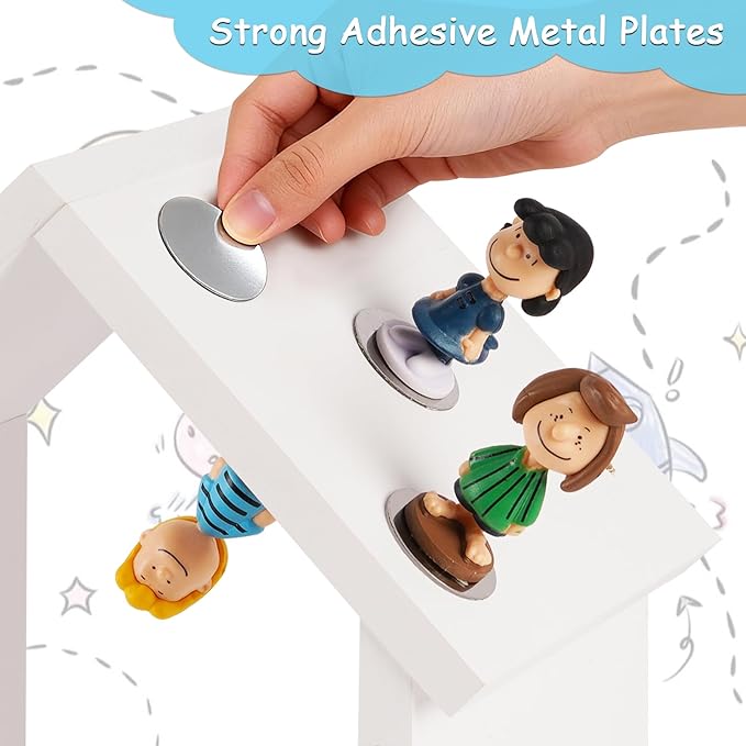 for Tonies Shelf Magnetic - for Tonies Figure Organizer Kids Room, Wooden Display Shelf for Tonies Box Holder, Wall Floating Shelves Toy Storage, House Shape Set of 2 with 38Pcs Metal Plate (White)