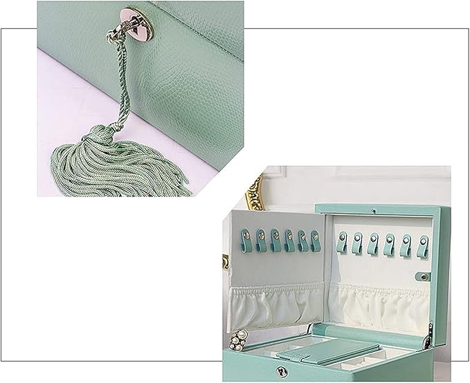 Jewelry Boxes For Women,Travel Jewelry Box for Women, 2 Layer Jewelry Organizer with Makeup mirror, Leather Jewelry Storage for Earrings Rings Bracelets Necklaces Watches, Green Jewelry Boxes
