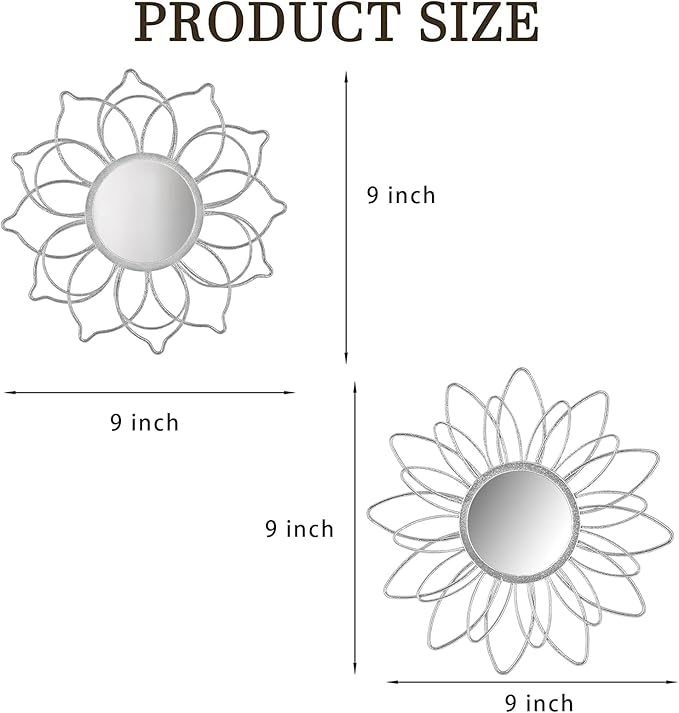 Silver Mirrors for Wall, 9 inch Metal Flower Mirrors Home Valentine Decoration, Valentine Wall Art Decorative Mirror Small Mirror for Living Room Bedroom, Entrance Set of 3