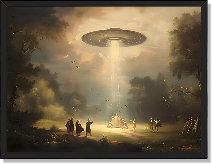 Vintage UFO Landscape Canvas Art Whimsical Farmhouse Wall Decor Retro Victorian Nature Painting Rustic Aesthetic Poster 12X16inch Black Framed