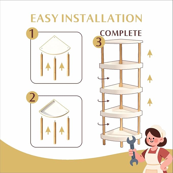 Bamboo 5-Tier Corner Shelf Stand with 5-Layer Lacquer & 4 Sturdy Legs, Space-Saving Durable Corner Rack Organizer for Bathroom, Kitchen, Bedroom, Living Room, Easy Clean Display Shelf Organizer