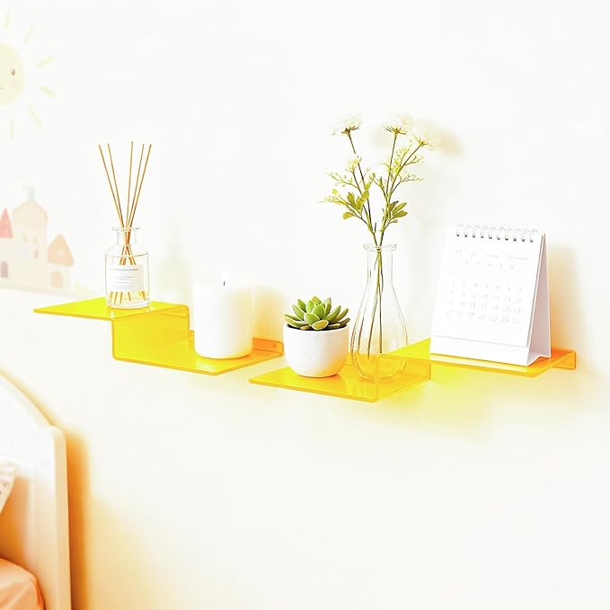 SetGame 2-Pack Acrylic Shelves Z-Shaped Display Stand Wall Mounted, 12 Inch Wall Storage Organizer for Toys, Books, Plants, Photos Album, Suit for Office, Living Room, Room Decor (Yellow)