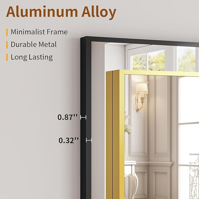 VooBang Mirror Full Length - 21" x 57" Floor Mirror with Stand, Aluminum Alloy Frame Full Body Mirror, Standing Hanging or Leaning Against Wall for Bedroom and Living Room, Gold
