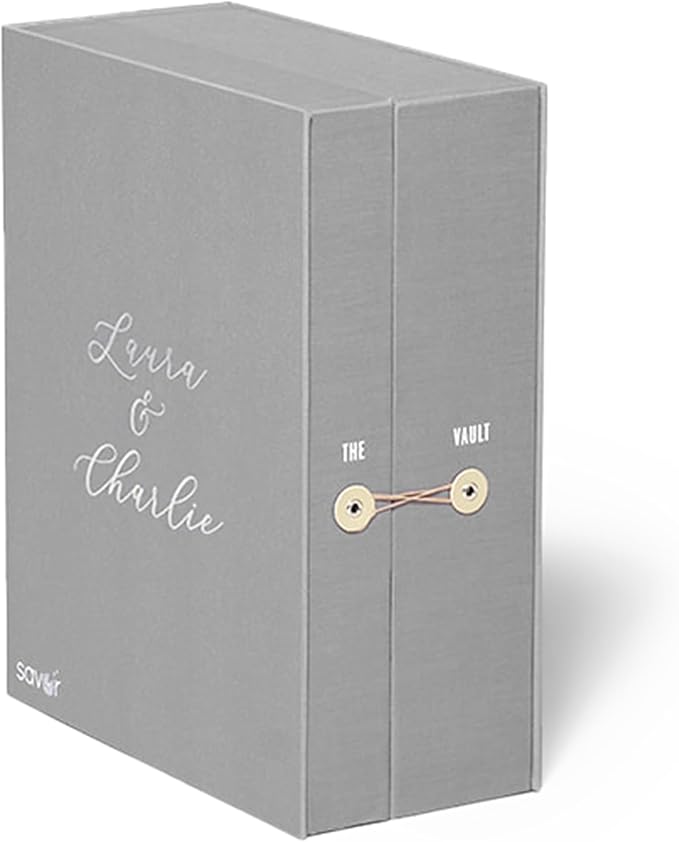 Savor Wedding Gifts Keepsake Box - Ideal Wedding Gifts for Newlyweds - Memory Storage with 52 Hand-Illustrated Labels & 10 File Folders - Elegant & Durable Design, Slate, Laura