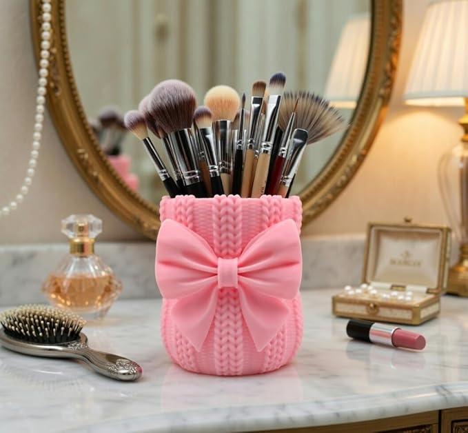 Knitted Bowknot Makeup Brush Holder, Cute Bow Vase, Pen Organizer for Kitchen, Bathroom or Office (Pink)