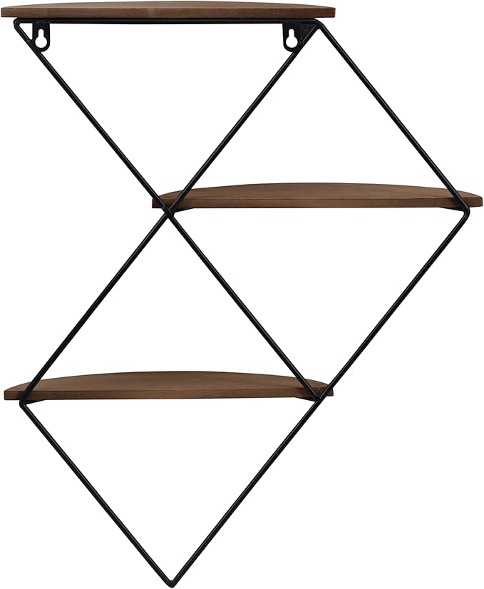 Diamond Wall Mounted Shelf with Wood and Metal Frame for Home Decor - 3 Tier Hanging Storage Organizer for Books - Wall Organizer for Living Room, Bedroom, Office or Entryway - 21", Brown & Black