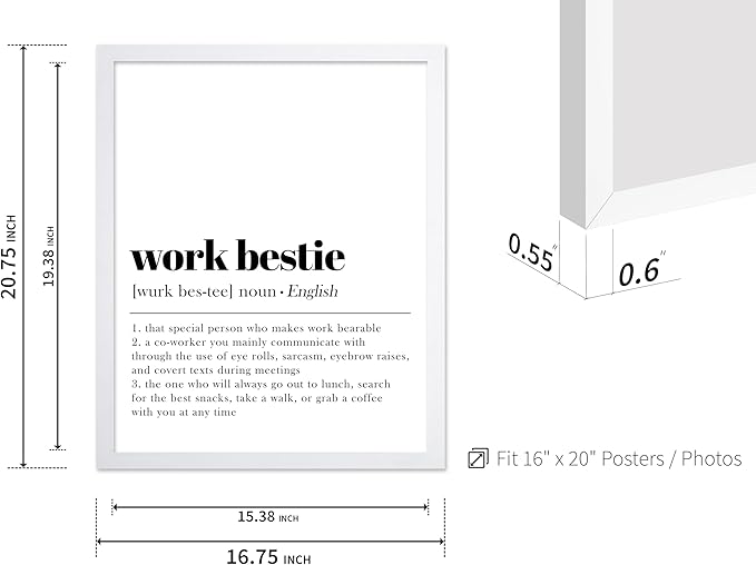 Poster Master Typography Poster - Dictionary Print - Work Bestie Definition, Special Person Who Makes Work Bearable - Gift for Colleague, Friend - Wall Decor for Home, Office, 16x20 White Framed