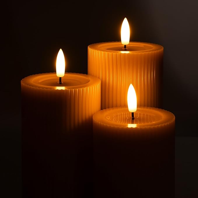 Fluted Ribbed LED Pillar Candles, Blush Beige, with Reflective Melted-Wax Effect – Flickering Flame, Remote, Dimmable, Flameless, Battery Operated, Home & Wedding Decor (Set of 3)