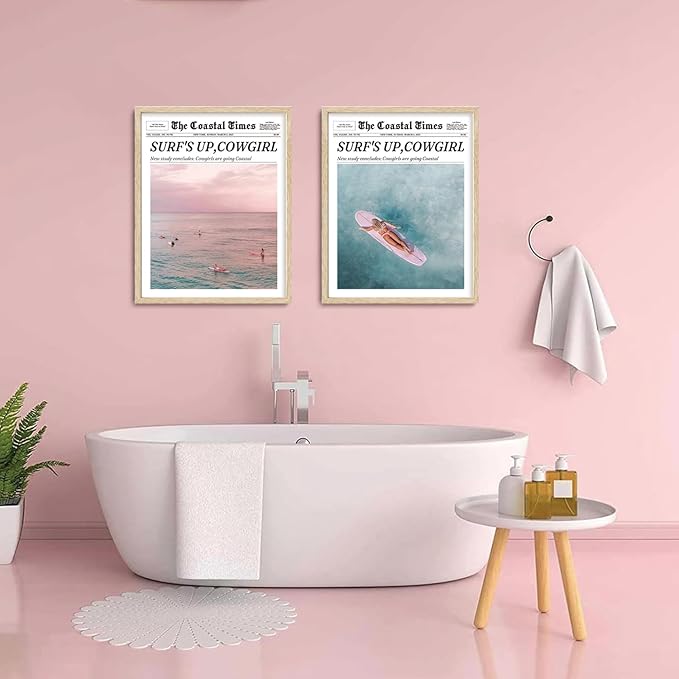 Bwodke OAK Wood Framed Wall Art Coastal Trendy Cowgirl Canvas Art Vintage Newspaper Pictures Wall Decor Surfer Up Vintage Bar Cart Prints Trendy Artwork for Girly Dorm Bedroom 16"x20"