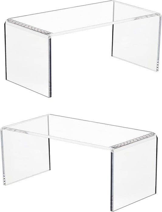 Jusalpha 2 PC Clear Acrylic Risers, Acrylic Display Risers Shelf Showcase Fixtures for Jewelry, Display Stand for Amiibo Funko POP Figures, Cupcakes, Food Display, Cabinet- (8''x 4''x 4.5'', 2 sets)