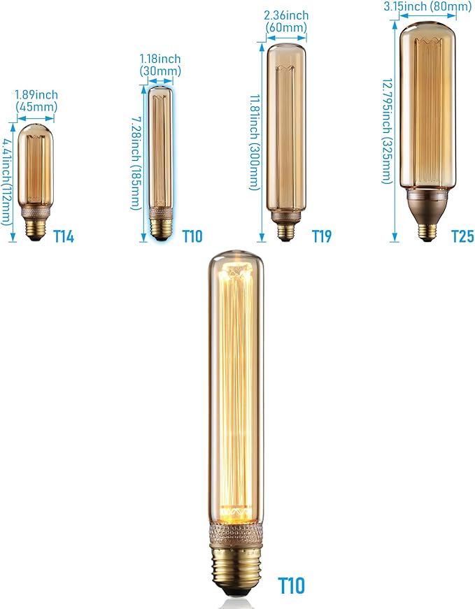 TORCHSTAR LED Tubular Decorative Light Bulb 2.3W, T10 Edison Light Bulbs, E26 Base, Dimmable Virtual Filament Vintage Edison Bulb, Beautiful Tube Decor Bulb, Amber Glass, 2000K Soft Warm, UL Listed