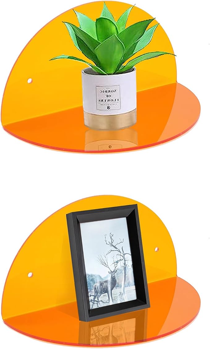 ROYALITA Small Acrylic Shelves Room Decor Floating Shelves (2-Pack, 8-inch Diameter) - Wall Mounted Display Stand for Plants, Toys, Makeup, and More - Ideal for Home and Office, Orange