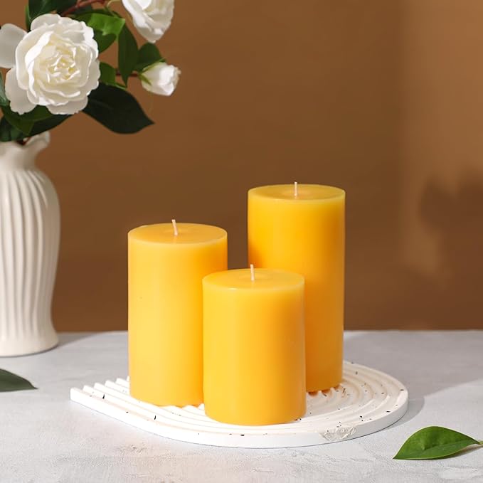 Yellow Pillar Candles Set of 3 - Spring Easter Yellow Candles Decorations, Hand-Poured Unscented Candle, Smokeless Decorative Candle for Home, Set of 3 in Different Sizes (4", 5", 6")